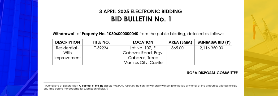 BID BULLETIN 1 - Withdrawal of TCT No. T-59234